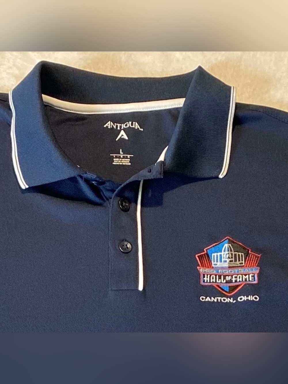 Antigua Polo Shirt Men’s Size L Pro Football Hall of Fame Canton Ohio Blue White